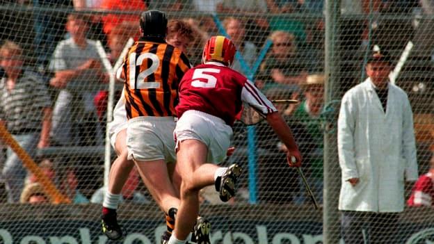 DJ Carey leaves Nigel Shaughnessy in his wake and scores Kilkenny's first goal past Galway goalkeeper Pat Costello in the 1997 All-Ireland SHC Quarter-Final.