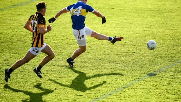 Aidan Forker of Maghery Seán MacDiarmada shoots to score his side's third goal during the Armagh County Senior Football Championship Final match between Crossmaglen Rangers and Maghery Seán MacDiarmada at the Athletic Grounds in Armagh. 