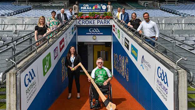 In attendance at the announcement of the GAA's first National Inclusive Fitness Day at Croke Park in Dublin are, clockwise from left, Aoife Reilly, GAA Healthy Club Administrator, MEP Maria Walsh, Brian Armitage, Chairman, GAA For All National Committee, Anne Rabbitte T.D., Minister of State, Department of Children, Disability, Equality and Integration with responsibility for Disability, GAA Ambassador and Westmeath footballer Boidu Sayeh, GAA Ambassador and Leitrim hurler Zak Moradi, Karen Coventry of Special Olympics, Niall Muldoon, Ombudsman for Children, Caroline Flynn, BeLonG To Youth Services, GAA Community and Health Manager Colin Regan, Leinster wheelchair hurler Sean Bennett, and GAA Diversity and Inclusion officer Geraldine McTavish. 