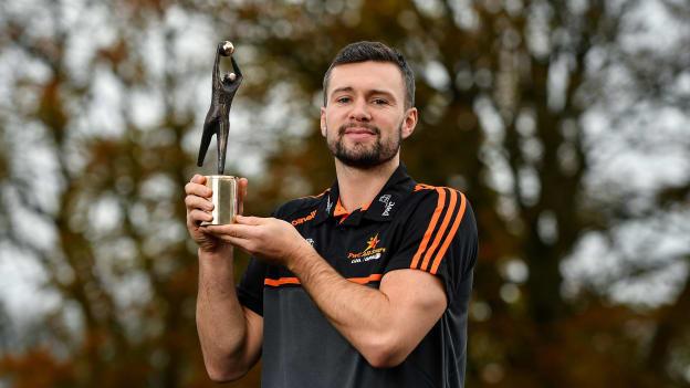 PwC GAA/GPA Footballer of the Month for October, Conor McKenna of Tyrone, with his award at his home club Eglish GAA in Eglish, Tyrone.