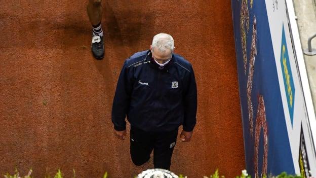 Galway manager, Shane O'Neill, walks past the Bob O'Keeffe Cup after his team were defeated by Kilkenny in the 2020 Leinster SHC Final. 