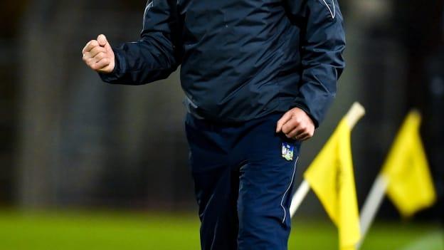 Limerick manager, John Kiely, celebrates near the end of his team's Munster SHC Final victory over Waterford.