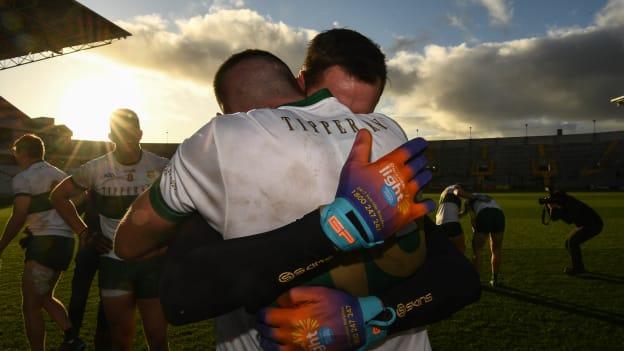 Colin O'Riordan, 19, and captain Conor Sweeney of Tipperary after the Munster GAA Football Senior Championship Final match between Cork and Tipperary at Páirc Uí Chaoimh in Cork.