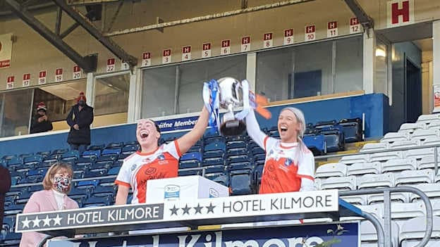 Armagh joint captains Orlagh Murray and Rachel Merry with the Kay Mills Cup after they defeated Cavan in the Liberty Insurance All-Ireland Junior Premier Camogie final.