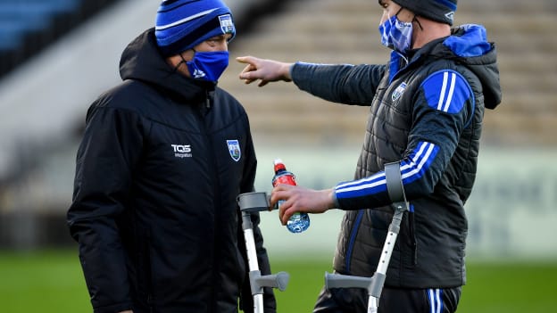 Waterford manager Liam Cahill, left, and Pauric Mahony of Waterford before the Munster GAA Hurling Senior Championship Final match between Limerick and Waterford at Semple Stadium in Thurles, Tipperary. 