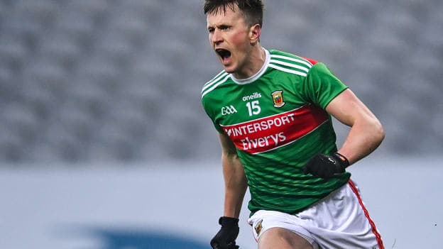 Cillian O'Connor celebrates after scoring Mayo's second goal against Tipperary in the 2020 All-Ireland SFC semi-final. 