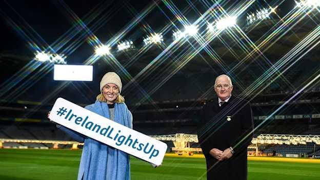 Presenter Kathryn Thomas and Uachtarán Chumann Lúthchleas Gael John Horan during the launch of Ireland Lights Up 2021 in partnership with RTÉ’s Operation Transformation and Get Ireland Walking at Croke Park.
