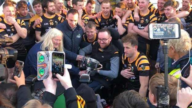 John O'Brien picured celebrating with Nobber team-mates and supporters after the club's victory over Trim in the 2019 Meath Intermediate Football Final. 
