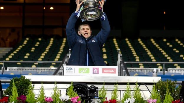 Dublin manager Dessie Farrell pictured holding the Sam Maguire Cup.