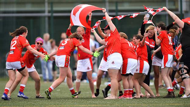  Canada East Ladies B players celebrate after their Ladies Football Native Born tournament game against Asia Cranes during the Renault GAA World Games 2019 Day 3 at WIT Arena, Carriganore, Co. Waterford. 