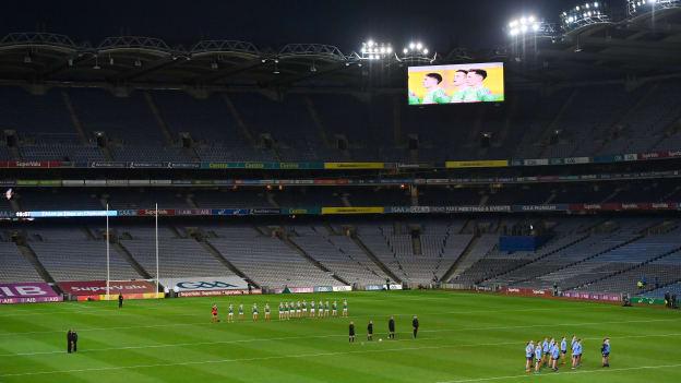The teams stand for Amhrán na bhFiann in an empty stadium during the GAA Football All-Ireland Senior Championship Final match between Dublin and Mayo at Croke Park in Dublin. 