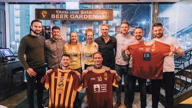 The eight founders of St. Finnian's GAA club pictured at the club's jersey presentation night with representatives from menal health partners, Darkness Into Light. Back Row (L-R): Ciarán McGoldrick (Fermanagh) Oisín Doyle (Wicklow), Eoin Toomey (Cork) Conor Davey (Sligo) Seán Corrigan (Fermanagh) Conor Doyle (Kildare). Front Row (L-R): Jack Quinn (Donegal) Patrick Quaile (Fermanagh)