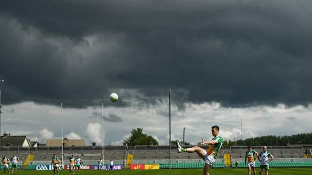A general view as Niall McNamee of Offaly kicks a free during the 2019 GAA Football All-Ireland Senior Championship Round 1 match between Offaly and London at Bord na Móna O'Connor Park in Tullamore, Offaly. 