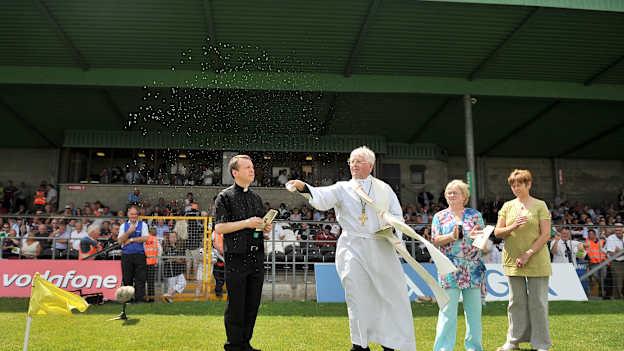 Bishop Christopher Jones blesses the new stand in Markievicz Park during half-time of the Sligo-Galway 2009 Connacht Senior Football Championship semi-final.  