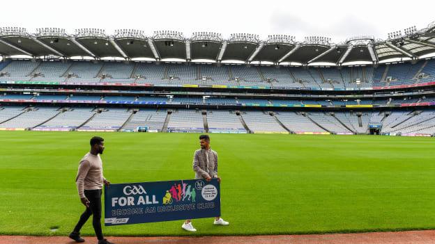Westmeath footballer Boidu Sayeh (left) and Leitrim hurler Zak Moradi pictured in Croke Park.