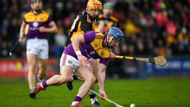 Kevin Foley of Wexford is tackled by Billy Ryan of Kilkenny during the 2020 Allianz Hurling League Division 1 Group B Round 3 match between Wexford and Kilkenny at Chadwicks Wexford Park in Wexford. 