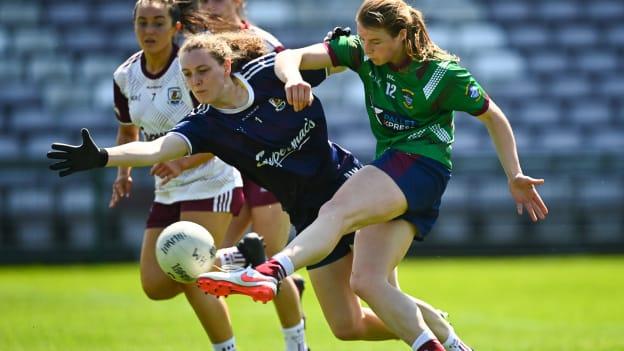 Anna Jones of Westmeath has a shot on goal despite the efforts of Galway goalkeeper Dearbhla Gower during the Lidl Ladies National Football League Division 1A Round 2 match between Galway and Westmeath at Pearse Stadium in Galway.
