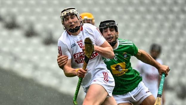 Shane Barrett of Cork is pulled back by Aonghus Clarke of Westmeath during the Allianz Hurling League Division 1 Group A Round 3 match between Cork and Westmeath at Páirc Ui Chaoimh in Cork. 