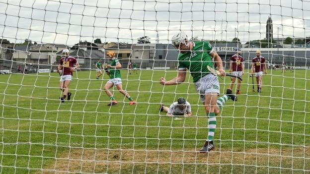 Pat Ryan of Limerick celebrates after scoring his side's third goal during the Allianz Hurling League Division 1 Group A Round 5 match between Westmeath and Limerick at TEG Cusack Park in Mullingar, Westmeath. 