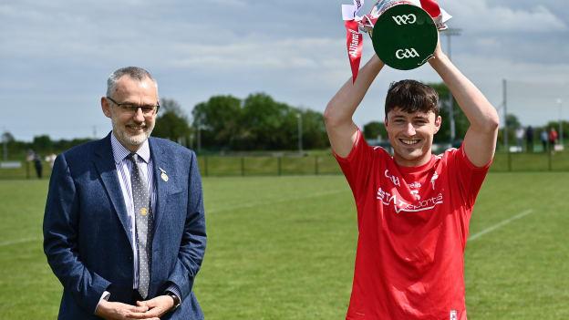 Uachtarán Chumann Lúthchleas Gael Larry McCarthy presents the Louth captain Feidhleim Joyce after the Allianz Hurling League Roinn 3B match between Louth and Fermanagh at Louth Centre of Excellence in Darver, Louth.