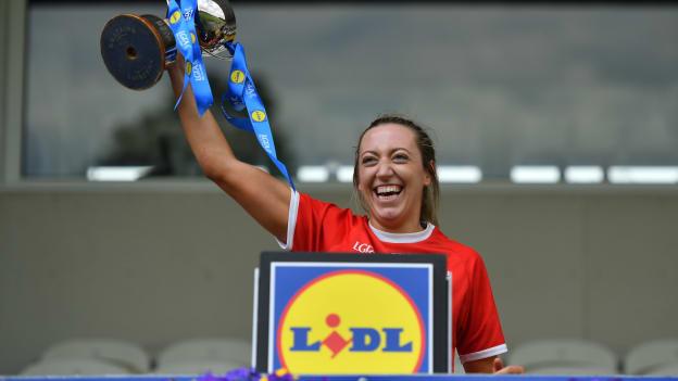 Louth captain Shannen McLoughlin lifts the cup after the Lidl Ladies Football National League Division 4 Final match between Leitrim and Louth at St Tiernach's Park in Clones, Monaghan. 