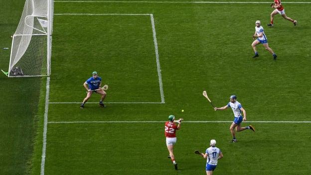 Shane Kingston of Cork shoots to score his side's third goal despite the efforts of Waterford goalkeeper Billy Nolan, Shane Fives, 17, and Conor Prunty, 3, during the 2021 Allianz Hurling League Division 1 Group A Round 1 match between Cork and Waterford at Páirc Ui Chaoimh in Cork. 