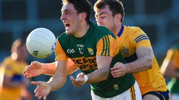 Paudie Clifford of Kerry in action against Cillian Brennan of Clare during the Munster GAA Football Senior Championship Quarter-Final match between Kerry and Clare at Fitzgerald Stadium in Killarney, Kerry. 