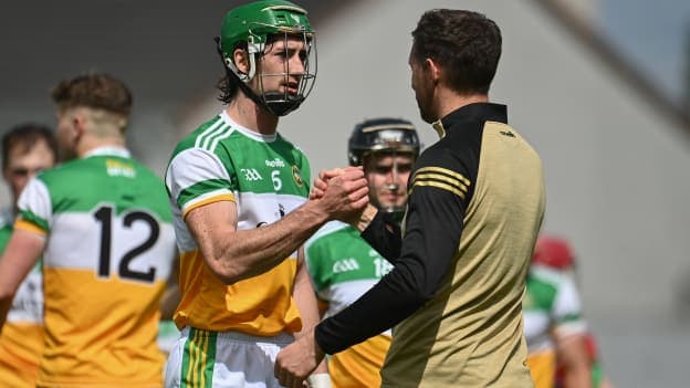 Ben Conneely of Offaly is congratulated by Offaly manager Michael Fennelly after the Allianz Hurling League Division 2A Round 4 match between Offaly and Down at Bord na Móna O'Connor Park in Tullamore, Offaly. 