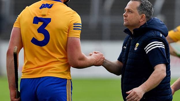 Wexford manager Davy Fitzgerald with Conor Cleary of Clare after the 2021 Allianz Hurling League Division 1 Group B Round 2 match between Clare and Wexford at Cusack Park in Ennis, Clare.