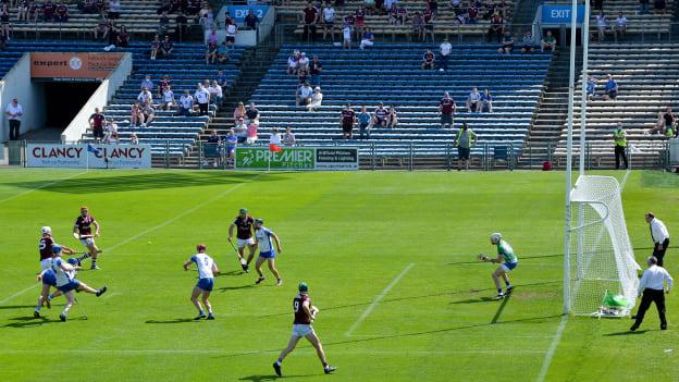Jason Flynn of Galway shoots to score his side's third goal during the GAA Hurling All-Ireland Senior Championship Round 2 match between Waterford and Galway at Semple Stadium in Thurles, Tipperary. 