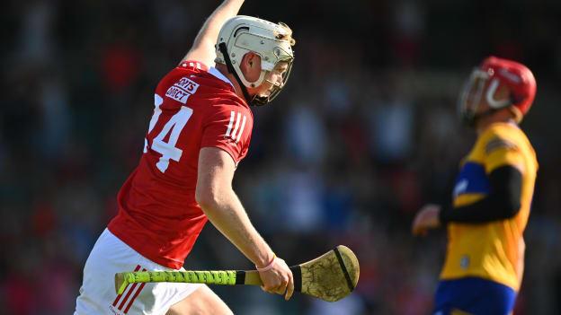 Shane Barrett of Cork celebrates after scoring his side's third goal during the GAA Hurling All-Ireland Senior Championship Round 2 match between Clare and Cork at LIT Gaelic Grounds in Limerick. 