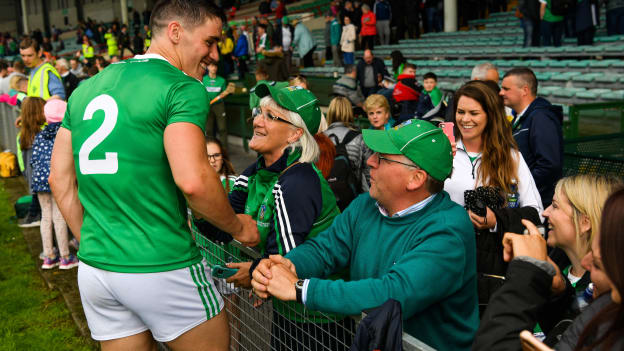 Seán Finn of Limerick with his mother Siobhan and father Brian after the Munster GAA Hurling Senior Championship Round 4 match between Limerick and Clare at the LIT Gaelic Grounds in Limerick. 