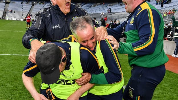 Meath manager Eamonn Murray and members of his backroom staff celebrate after the TG4 All-Ireland Senior Ladies Football Championship Semi-Final match between Cork and Meath at Croke Park in Dublin. 