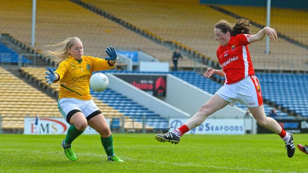 Aine O'Sullivan scores one of seven Cork goals against Meath in the 2015 All-Ireland Senior Champiomnship Round 2 Qualifier. 