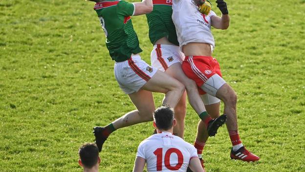 Matthew Ruane, left, Conor Loftus and Mayo in action against Conor McKenna of Tyrone during the 2020 Allianz Football League Division 1 Round 7 match between Mayo and Tyrone at Elverys MacHale Park in Castlebar, Mayo.