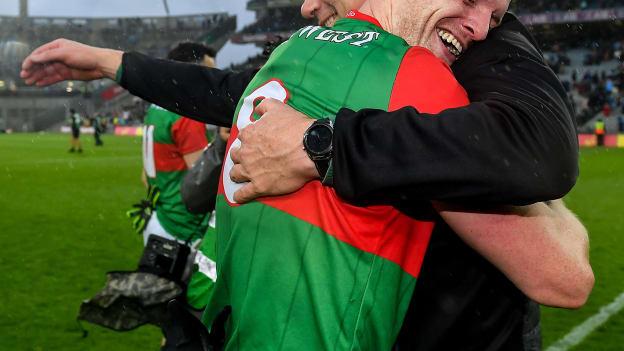 Matthew Ruane of Mayo and manager James Horan after their side's victory over Dublin in their GAA Football All-Ireland Senior Championship semi-final match at Croke Park in Dublin.