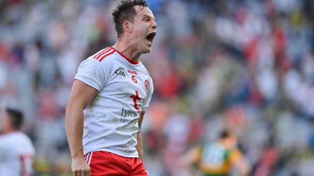 Kieran McGeary of Tyrone celebrates at the final whistle of the GAA Football All-Ireland Senior Championship semi-final match between Kerry and Tyrone at Croke Park in Dublin.