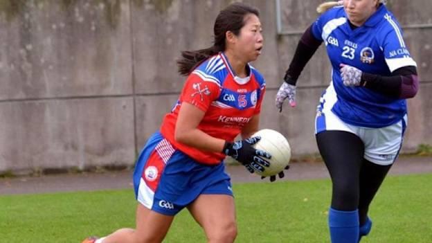Wenjing Zhuang in action for her club, Copenhagen GAA.