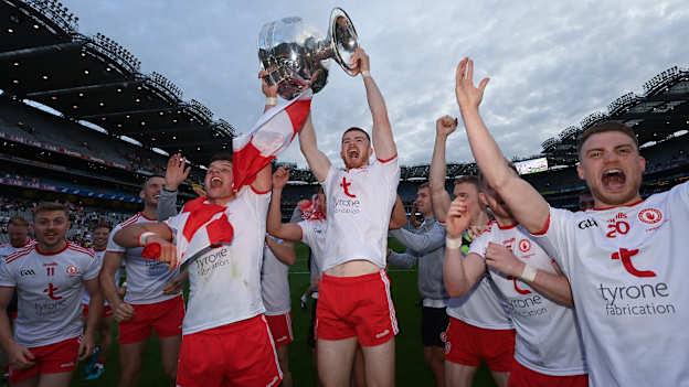 Cathal McShane of Tyrone celebrates with his team-mates and the Sam Maguire Cup after the GAA Football All-Ireland Senior Championship Final match between Mayo and Tyrone at Croke Park in Dublin. 