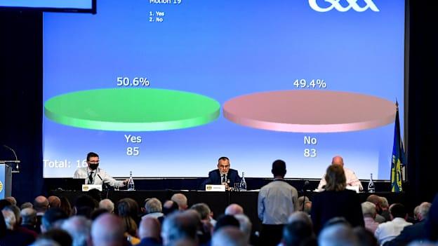 Uachtarán Chumann Lúthchleas Gael Larry McCarthy announces the result of Motion 19, regarding the restructure of the GAA football championship, which did not get the required 60% to pass, and so failed, during the GAA Special Congress at Croke Park in Dublin. 