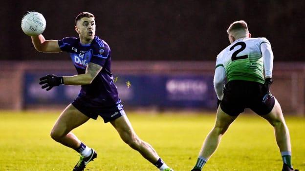 David Mannix of St Jude's in action against Colm Walsh of Lucan Sarsfields during the Go Ahead Dublin County Senior Club Football Championship Semi-Final match between St Jude's and Lucan Sarsfields at Parnell Park in Dublin. 