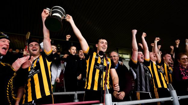 Mountbellew-Moylough joint captains Aaron McHugh, left, and Eoin Finnerty lift the cup after victory over Corofin in the Galway County Senior Club Football Championship Final.