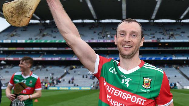 Mayo captain, Keith Higgins, celebrates after victory over Tyrone in the 2021 Nickey Rackard Cup Final. 