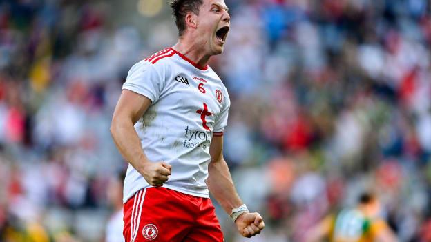 Kieran McGeary of Tyrone celebrates at the final whistle of the GAA Football All-Ireland Senior Championship semi-final match between Kerry and Tyrone at Croke Park in Dublin.
