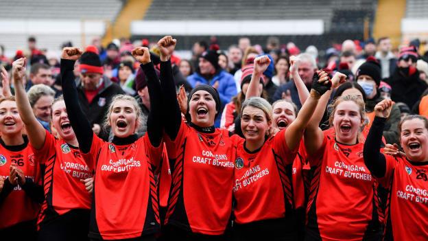Una Leacy of Oulart the Ballagh, centre, celebrates with team-mates after the 2020 AIB All-Ireland Senior Club Camogie Championship Final match between Sarsfields and Oulart the Ballagh at UMPC Nowlan Park, Kilkenny.