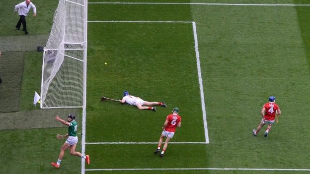 Gearóid Hegarty of Limerick celebrates after scoring his side's first goal past Cork goalkeeper Patrick Collins during the GAA Hurling All-Ireland Senior Championship Final match between Cork and Limerick in Croke Park, Dublin. 