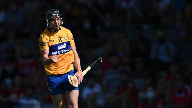 Tony Kelly of Clare celebrates scoring a second half point during the GAA Hurling All-Ireland Senior Championship Round 2 match between Clare and Cork at LIT Gaelic Grounds in Limerick. 