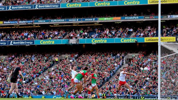 Darren McCurry of Tyrone scores his side's second goal during the 2021 GAA Football All-Ireland Senior Championship Final match between Mayo and Tyrone at Croke Park in Dublin. 