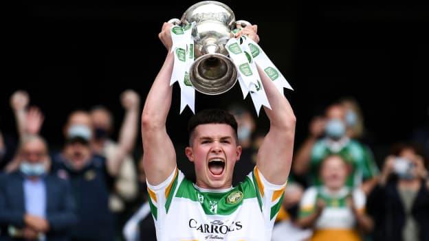 Offaly team captain Kieran Dolan lifts the cup after the 2021 Eirgrid GAA Football All-Ireland U20 Championship Final match between Roscommon and Offaly at Croke Park in Dublin.