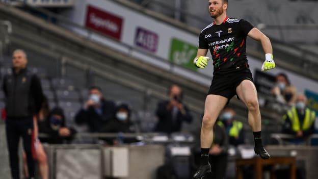 Mayo goalkeeper Rob Hennelly looks on after scoring a point from a retaken '45, to equalise and send the game to extra-time, during the GAA Football All-Ireland Senior Championship semi-final match between Dublin and Mayo at Croke Park in Dublin. 